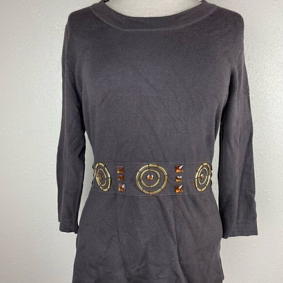 EUC Multiples 3/4 Sleeve Brown Top with Jewels Through the Middle Size M - Picture 1 of 5